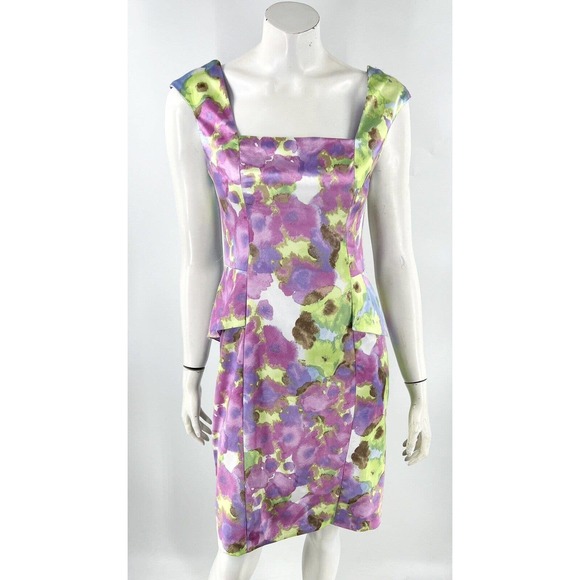 London Times Peplum Sheath Dress Size 10 Purple Green Watercolor Cap Sleeve - Picture 1 of 6